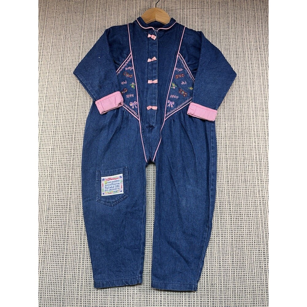 Vintage Denim Romper Sz 4 Embroidered Bows Kids Cottagecore 1-Piece Jean